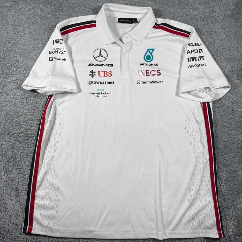 Mercedes AMG Petronas F1 Team Polo Mens XXL White Team Sponsor Shirt AOP